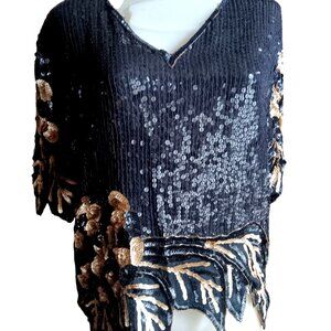 Large Vintage Sequin Floral Embellished Top Silk Sequined Black & Gold 90s